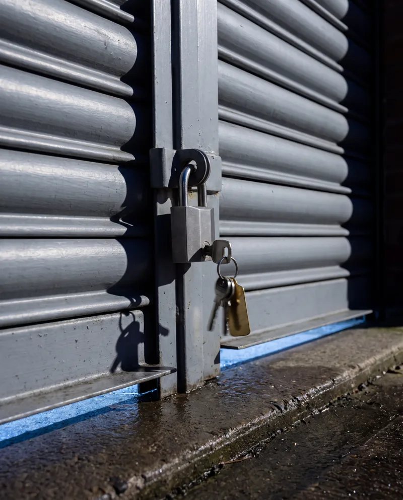 Keys hanging in the padlock of a grey roller door, the first blue light under it.