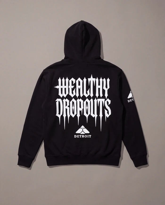 Tuition black zip hoodie, isolated back with Wealthy Dropouts lettering